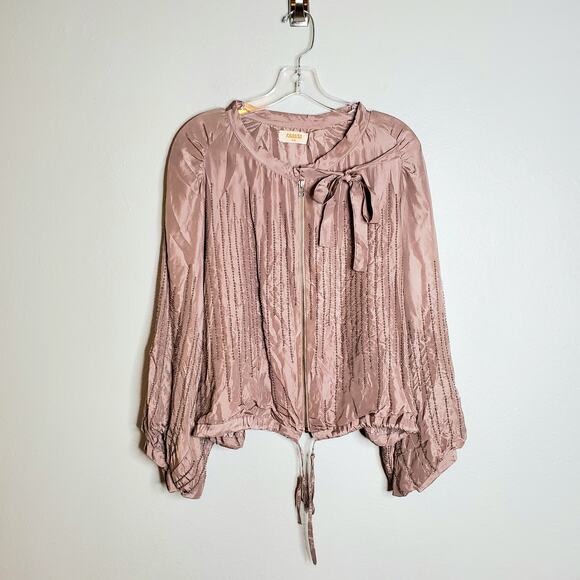 Raasta 100% Silk Beaded Bomber Jacket Size L Blush Pink Studded Bow Going Out - Picture 1 of 15
